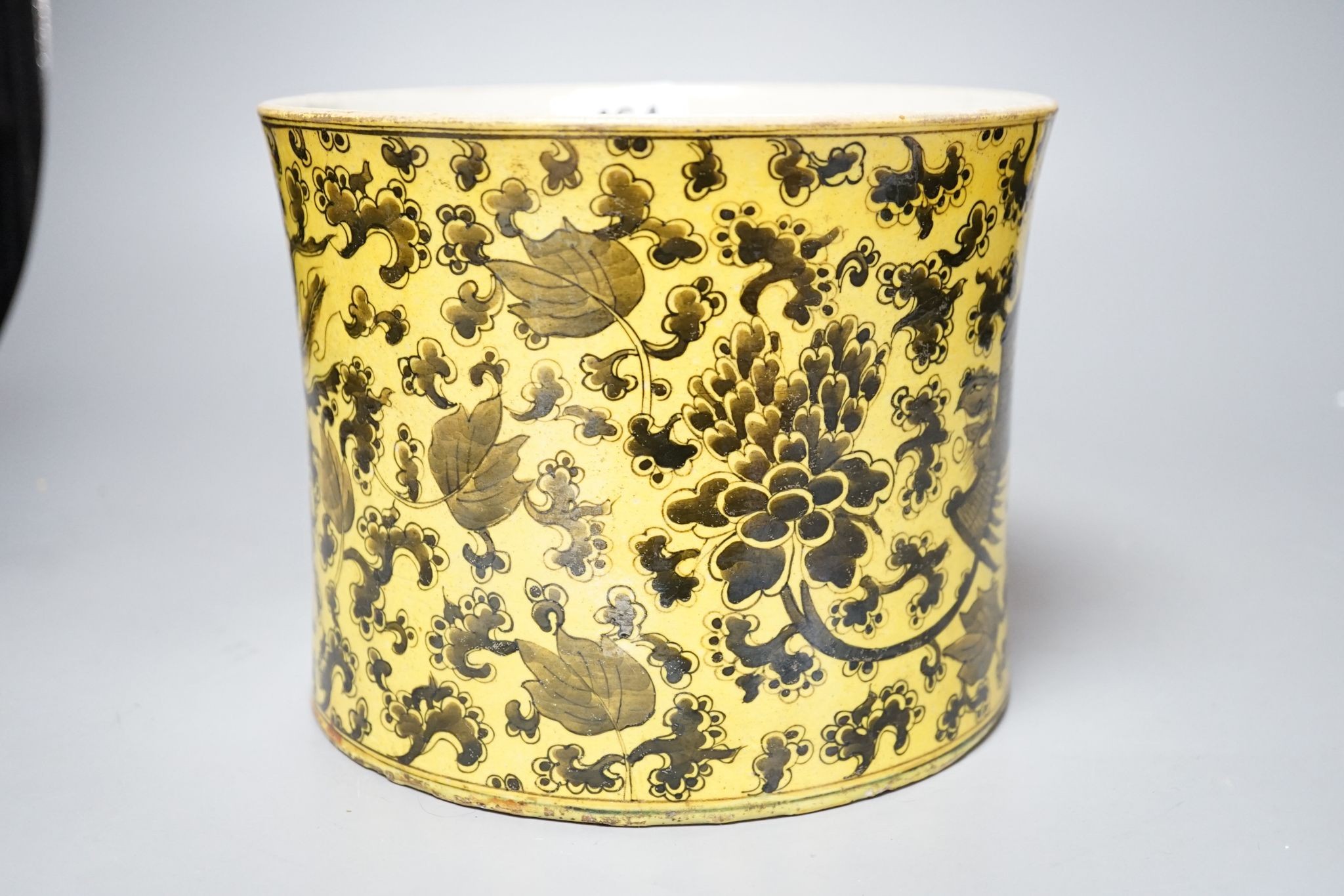 A Chinese yellow ground brushpot, 15.5cm